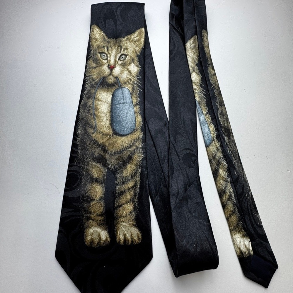 Steven Harris Mens Cat with Computer Mouse Novelty Tie Black Jacquard Necktie